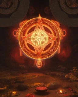 a fiery wheel with 100 eyes floating above the ground, a laser beam pentagram floating above the ground, celtic knot bronze floating, golden ratio, spring time, mushrooms, 8k, flickering light, centered, high-quality, fine-detail, digital art, detailed matte, volumetric lighting, illustration, 3D octane render,psychedelic color