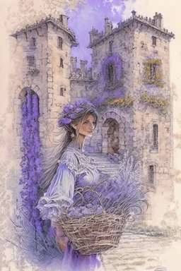 The courtyard of an ancient French castle, beautiful perfect faced woman with a basket of lavender in her arms by Jean-Baptiste Monge, watercolor and ink, intricate details, fantasy, beautiful, award winning, colorful, fantastic view, crisp quality in sunshine