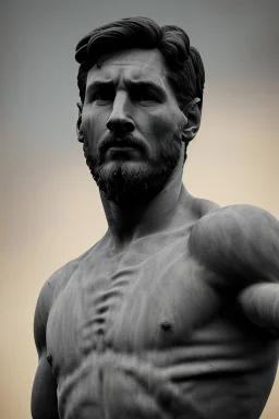 Ultra Realistic image, classical renaissance sculpture, marble material, Lionel Messi, emperor style, chisel style, waist up portrait, epic, celestial, cinematic lighting, God light, god rays, 4k resolution, smooth details, ornate details, soft lighting, unreal engine 5, sky background.