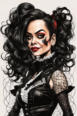 create a caricature of Jenna Ortega as a savage, sullen, gothpunk vampire girl with highly detailed and refined facial features and hair, clothed in an ornate Gothic rags and fishnet stockings, in the caricature cartoon style of Gerald Scarfe and Ralph Steadman, precisely drawn, boldly inked, vividly colored, 4k