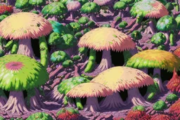 Fungi Forest: Bizarre fungi radioactive forest, hallucinogenic, surreal landscape, captivating flora and fauna, hazardous conditions, intricate details, vibrant colors, nuclear, dystopian, magical