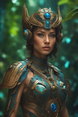 (The Year 2745 A.D.), (Beautiful Young Warrior In A Futuristic Jungle), High Quality, Super Closeup, Extreme Definition, Insanely Detailed, Beautiful Composition, Detailed Resolution, Ultra Closeup, Intricate Detail, Fine Detail, Vivid Colours, Innovative Futuristic Technology, High Tech, Intricate Designs, Futurism, 8k, Laser Sharp Focus