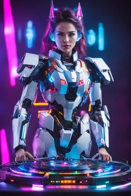 Realistic Gorgeous Photography beautiful European woman as cyborg DJ player with neons body full gundam robotic ,self expression playing DJ player turntable on stage music concert