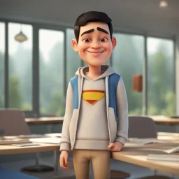 a portrait of smiling young western man. caricature. black hair. short buzz cut hair style. light skin. dark eye pupils. small eyes. black thick eyebrow. small round chubby face shape. a bit small goatee, without moustache. big nose. thick mouth. white sweater hoodie. pixar style. 3D. 4k. portrait. highly detailed. sharp focus. high resolution. full color. cinema lighting