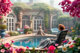 all scene is made of small colored cubes:a luxury villa yard with pool in center and pretty plants trees flowers, morning mist, lost paradise atmosphere,a pretty model lady in victorian clothing resting in a comfort far in villa yard in flowers .every thing and lady is made of small colored cubes as a pazzle