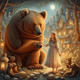The girl and the brown bear, fabulous, dreamlike, children's story, anatomically correct, figures completely in the frame, no writing, no numbers, in the Style of Vania Zouravliov, Sherry Akrami, Ivan Bilibin, Maria Sibylla Merian, Alex Almany, Daniel Merriam, Jean Baptiste Monge, Iwona Lifsches Modifiers: bokeh digital painting elegant extremely detailed Award winning photography fantasy intricate 8k very attractive award winning imperial colors fantastic view 4K 3D crisp quality hdr very cute