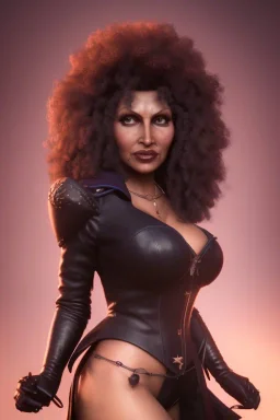 Pam Grier as evil queen in black leather, leather, busty, cleavage, angry, stern look. character design by cory loftis, fenghua zhong, ryohei hase, ismail inceoglu and ruan jia. unreal engine 5, artistic lighting, highly detailed, photorealistic, fantasy