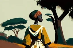 Design, African woman, oil painting, featureless, graphic, drawing without facial features, background, sky, trees, traditional clothes, cartoon, looking left