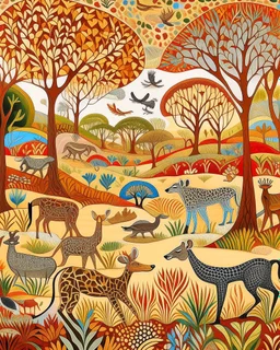 A savanna filled with mammals designed in aboriginal art