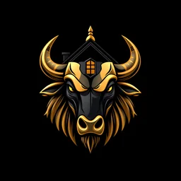 Awesome logo of a huge house with Bull's head , gold and black. black background , deep color, cute, intricate detail, complementary colors, 8k resolution , 3d shading