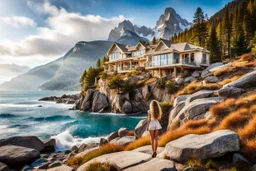 pretty dream houses in rocky mountain in wavy sea side, 1beautiful lady standing on rock