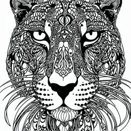 Leopard front face view, cartoon, mandala, white back ground color, real style, realistic, minimalistic, minimal black line art, line art, crisp line art, unique coloring sheet, outlined, outline, crisp, crisp line edges, illustration, thin lines, crisp clear lines, line art, clean line art, unique, 8k, amazing, masterpiece, no colors, no dark color, no black color, avoid thick black, minimalistic line edges, pure white back ground, image character full fit to page,