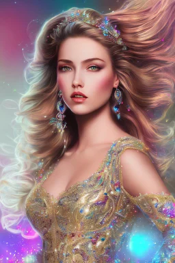 photo realistic painting ((full body)) ((stunningly attractive)) a woman sitting on a majestic chair , ((perfect feminine face)), (colorful wavy hair),, glitter, wearing a dress, intricate, 8k, highly detailed, volumetric lighting, digital painting, intense, sharp focus, sitting on a majestic luxury comfort
