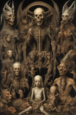 Family Reunion from Hell in Cryptid Taxidermy in post apocalyptic wonderland, in heaven everything is fine by lady in the radiator and brothers quay, painting by H.R. Giger, by Giuseppe Arcimboldo, Hieronymus Bosch, Alphonse Mucha, Art Nouveau, intricately detailed, hyperrealism, fantasy, imperial colors; Bogomils Universe