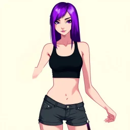 a pretty girl, skinny, relaxed, tank top, purple hair, deviantart, stylised, digital art