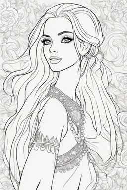 outline art for kids barbie coloring pages , no background, sketch style, full body, only use outline, mandala style, clean line art, white background, no shadows and clear and well outlined. should look exactly like barbie