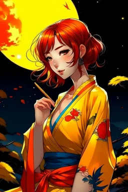 (Asian), short hair, fiery red hair hair, yukata, yellow clothes, 8k, best quality, winking, very dark night time, lighting from moon yellow moon, perfect, masterpiece