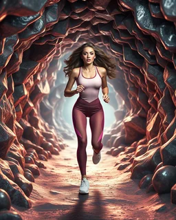 make a picture pretty cave made of crystal and metallic 3d fractal recursive cubic and sphere base structures and a beautiful fashion model lady with cute,curvy long hair,makeup, in pretty sports suit is running inside cave ,dynamic camera fallow her inside cave capturing full body, dynamic lights.