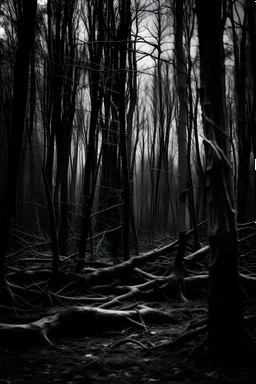 black and white fairytrees with veins in dark forest