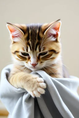 Sad little cat hugging a piece of cloth