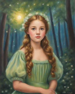 Oil pastel painting of a beautiful girl in a dreamy forest, beautiful portrait painting, Oil pastel painting of a girl's face, beautiful painting, Anne Shirley, dress with puffy sleeves, glow, sparkles, oil pastel painting, inspired by Thomas Kinkade, detailed oil pastel painting, beautiful flowers, dream, pretty face, fantasy art, moonlight, young girl, fairy, fine detail, dynamic, colorful oil pastel painting, vibrant painting