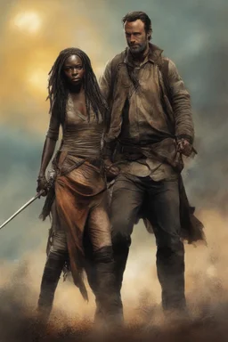 Movie Poster - Andrew Lincoln as "Rick Grimes," Danai Gurira as "Michonne," - The Walking Dead - in the art style of Frank Frazetta