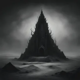 a black and white picture of a dark evil shrine in a desolate land in the dark art style of Zdzislaw Beksinski, extreme detail, 4K, cinematic lighting, realism