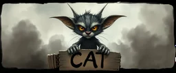 air brush 3d with pen outline, mongrel goblin gremlin looking at sign with big cute cat monster with blurred shadow outline, charcoal fog border