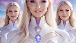 cosmic woman ,beautiful ufos rainbow, admiral from the future, galactic confédération, fine whole face, crystalline skin, expressive purple eyes,rainbow, smiling lips, very nice smile, costume pleiadian, Beautiful tall woman pleiadian Galactic commander, ship, perfect datailed golden galactic suit, high rank, long blond hair, hand whit five perfect detailed finger, amazing big puple eyes, mouth, high définition lips, cosmic happiness, bright colors