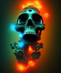 broken skull. black background. smoke and explode. particles in air. teal and orange. abstract. beksinski.