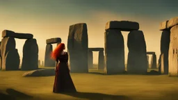 Full body shot of a tall slim red-headed young woman, dressed like a gipsy, standing in front of Stonehenge in a flaming circle, Raphael Lacoste