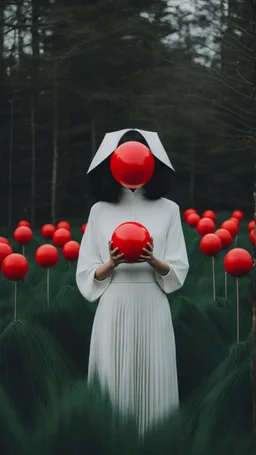 a no face woman with mask standing in a field holding red ball, inspired by Ren Hang, design milk, long black hair, whites, wanderers traveling from afar, trending on artisation, cloning spell, coat pleats, in twin peaks, submarine, by Helen Thomas Dranga, symetry, round-cropped, noire photo