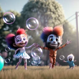 Ultra realistic circus scene. Sweet hair monster and Child’s playing, smile, happy, color bubbles, smooth color, waist up view, Wes Anderson style, dark ambient, highly detailed, concept art, unreal engine 5, god rays, ray tracing, RTX, lumen lighting, ultra detail, volumetric lighting, 3d, finely drawn, high definition, high resolution.