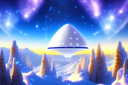 white spaceship ufo with light in the below. the landscape is a fairy colourfull forest with snow sweety mountains. the sky is blu with stars and brightness beam