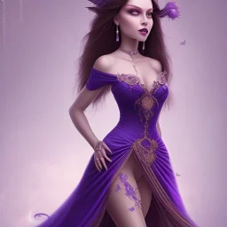 alluring very slim witch of darkness in tight purple wedding dress with very long brown hair and bangs