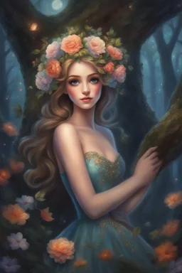 Painting of a beautiful girl, beautiful, haunted forest, flowers on her head, glitter dress, young girl, digital painting, fantasy art, pretty face, inspired by Thomas Kinkade, anime portrait, barbie face, big eyes, bright eyes, dream, trees, forest background, dark night, song, glitters background, fantasy, high quality, 8k