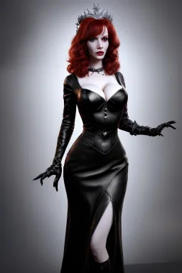 Christina Hendricks as evil queen in black leather gown, feminie, angry, stern look on her face, volouptous, busty, cleavage, emperious, mature, style of frank miller sin city, unreal 5, octane render,cinema4d, dynamic lighting, dramatic lighting, 4k, redshift render, highly detailed, hyper realistic, inside dungeon