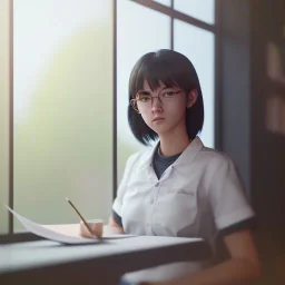 female student studying by the window, anime style,perfect face, cool face, ultra detail, unreal engine 5, cinema4d, sun light, studio lighting --ar 1:1 --v 4