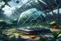 Vector. Illustration. realistic, Digital painting. hail stones break glass garden greenhouse