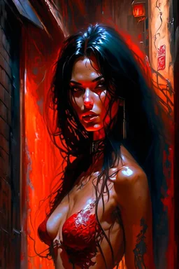 In this mesmerizing digital art piece crafted by the talented Aleksi Briclot we are captivated by the exquisite presence of a stunning woman adorned in a vibrant red bikini confidently positioned in a dimly lit alleyway her lustrous black hair cascading over her shoulders adds a touch of mystique to the composition while the intricate details of the artwork enchant us with every brushstroke inviting us to explore this captivating scene that was initially created as promotional artwork for the BB