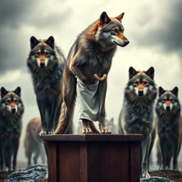 stands on top a wooden box a thin, young sad anthropomorphic wolf in full body hair with autentic wood-bone necklace hanging in his neck and in white belt , front him two older anthropomorphic wolves white Chef's Bib Snap Apron look at him, stormy sky, in blur background more different anthropomorphic wolves stand in body hair and looking them , realistic, detailed, cinematic, sci-fi, digital art, fantasy mood