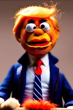 a Film Photograph of an angry orange Donald Trump Muppet made of felt and fur wearing a dark blue suit and red tie, he is angry and old - he is full of rage and anger, he hates everyone