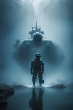 A ghostly navy diver standing in water up to his knees surrounded by a ghostly blue mist. A wrecked Seawolf class submarine is seen in the background.