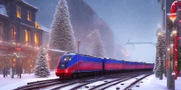 train passing downtown big city in christmas night, snow flakes, many three, Christmas decoration, Christmas light, high contrast, best quality, 8k, hight detailed, 3d, render, lumion, shooting star