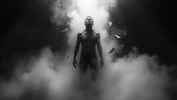 surreal vibe, grayscale, black and white, a caracter dissolving into shadows and fog, body torn into shards of light and darkness. A haunting, nightmare, composition that captures isolation, inner demons, struggle of anxiety. surreal, fog, shadows, atmospheric