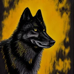 Black wolf with yellow and red