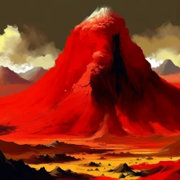 A red scorching badlands near a volcano painted by Jeffrey Kolker