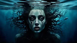 close up face shadow eyes, void, pain, hyper-realistic detail, floats in deep sea, Dark sea ten and in her hair, drils and shadow around, abyss, fog, Style crepy stunning, dark, surreal vibe underwater and meticulous detail clean pale skin and face. dark shadow and weird mood
