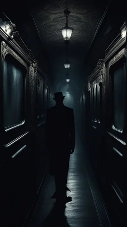 A dark shadow standing in a sleepless night inside a dark train in a delusional state haunted by ghostly images, paint it in the baroque style, as if the man is horrified