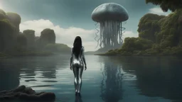 Detailed matte painting of a wide-angle shot of a woman, standing on the left side of the shot, with dark hair in a silver robotic catsuit, many large floating jellyfish with octopus tentacles, alien jungle trees in the distance, with an alien beach and lake, deep colour